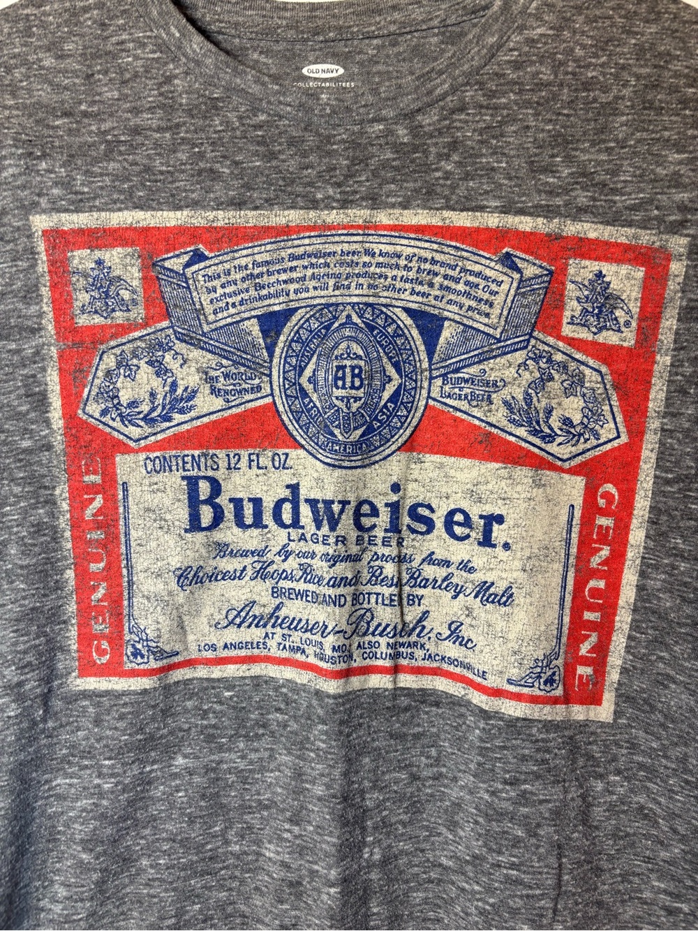 Old Navy Gray Short Sleeve Graphic Budweiser Tee with Red and Blue Print, size S - Picture 2 of 7